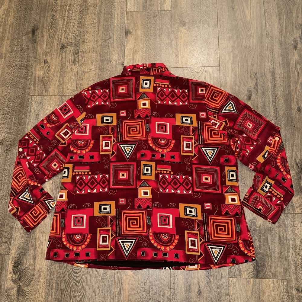 Vintage Notations Button Up Blouse Women 2X Red Geometric Long Sleeve 80s Retro - Picture 4 of 11